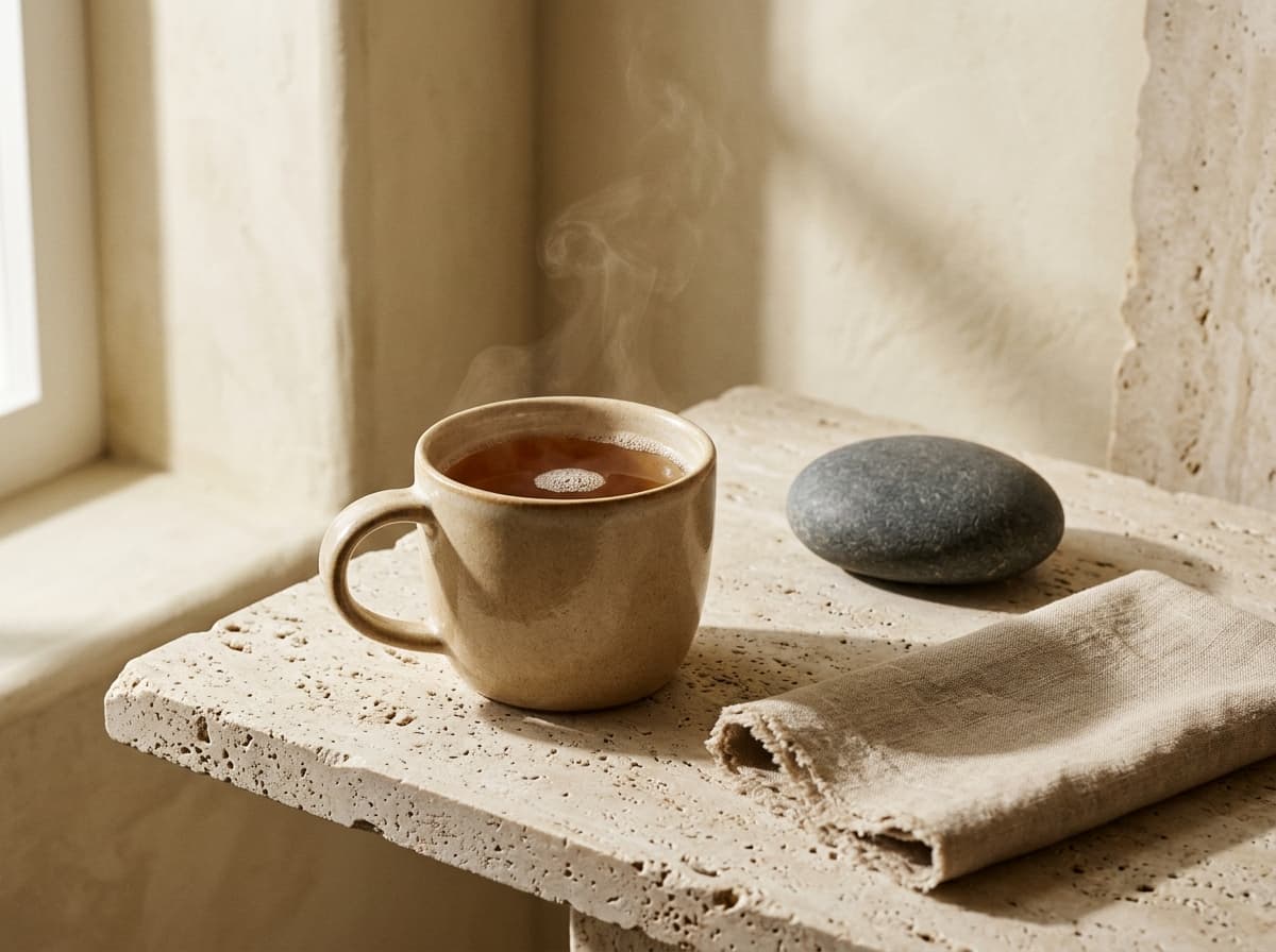 Ceramic mug of warm tea, smooth river stone, and folded linen in morning light