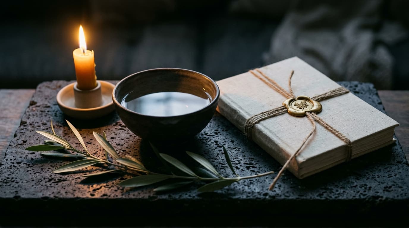 Glowing beeswax candle, ceramic bowl of clear still water, wax-sealed linen journal, and olive branch on dark travertine