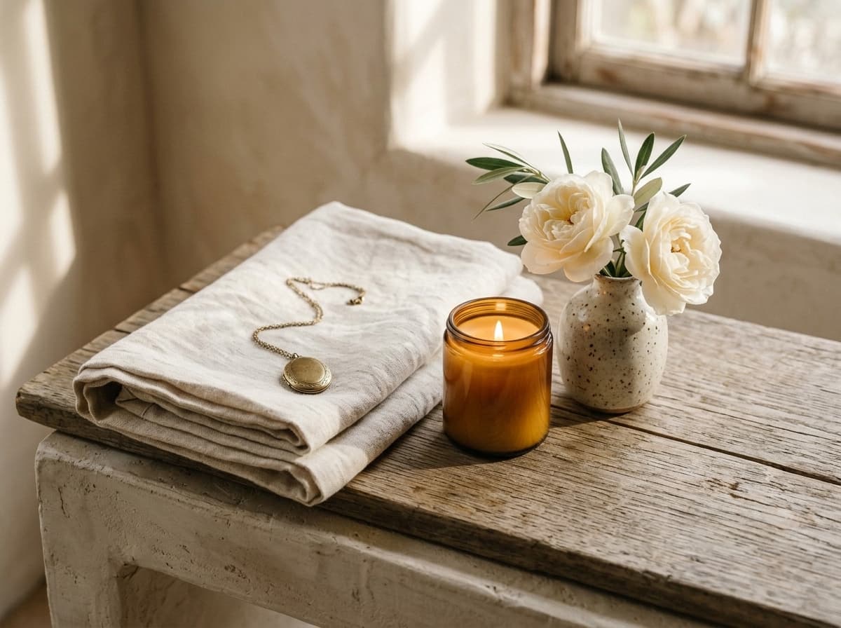 Glowing beeswax candle beside creamy white garden roses, an antique brass locket, and fresh olive sprig on warm linen