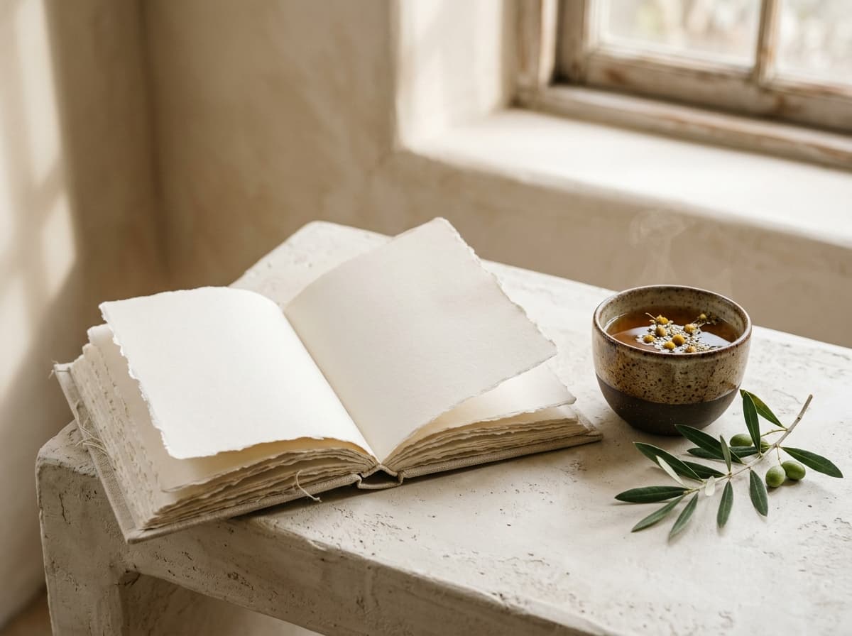 Open handwritten notebook, tea cup, and olive leaves on travertine