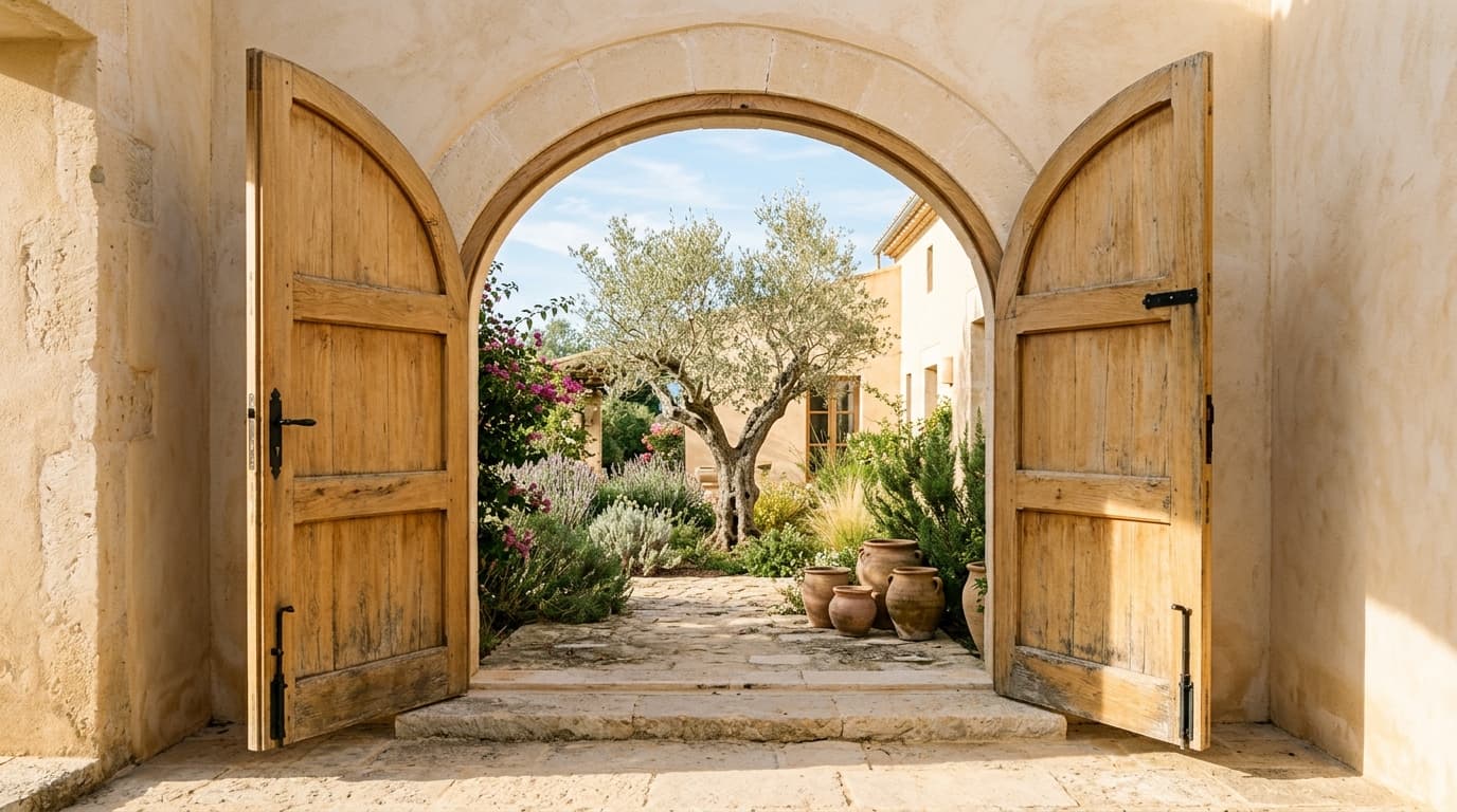 Sunlit Mediterranean limestone archway with open wooden doors leading to a tranquil olive courtyard sanctuary