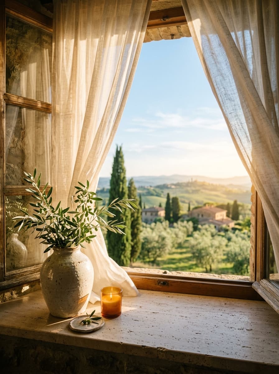 Sunlit Mediterranean window with olive branch in ceramic vase and rolling hills