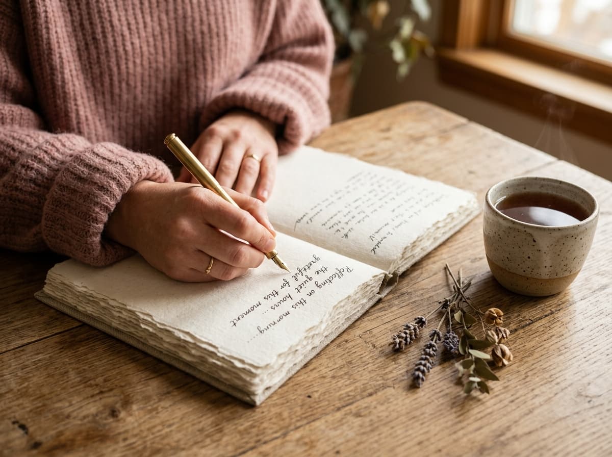 Woman in dusty rose sweater writing in open notebook beside warm tea