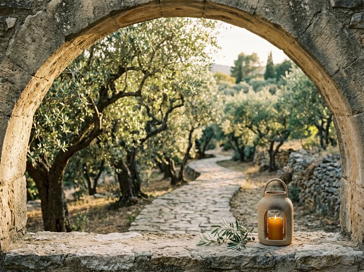 Sunlit Mediterranean stone pathway through an ancient olive grove with a glowing ceramic lantern