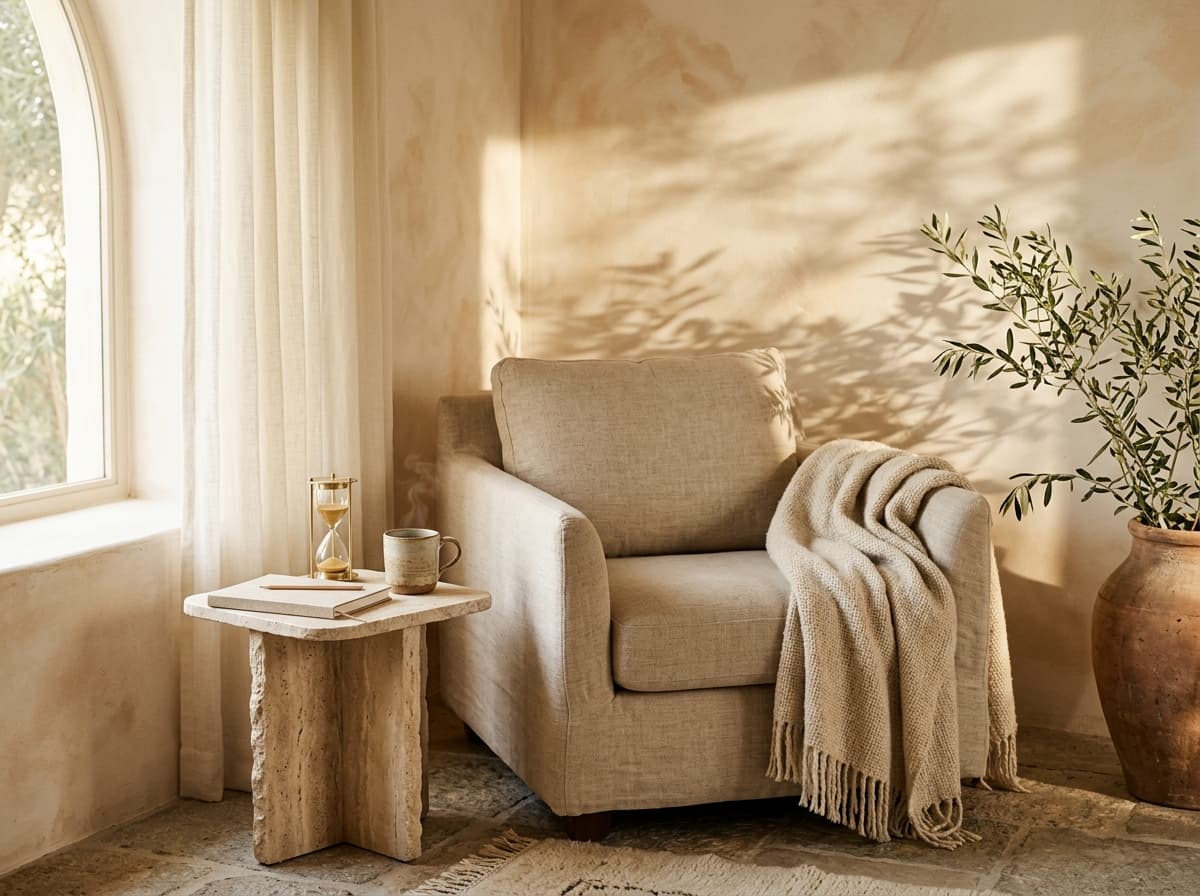 Sunlit sanctuary corner with oatmeal linen armchair, travertine side table, warm herbal tea, and brass hourglass