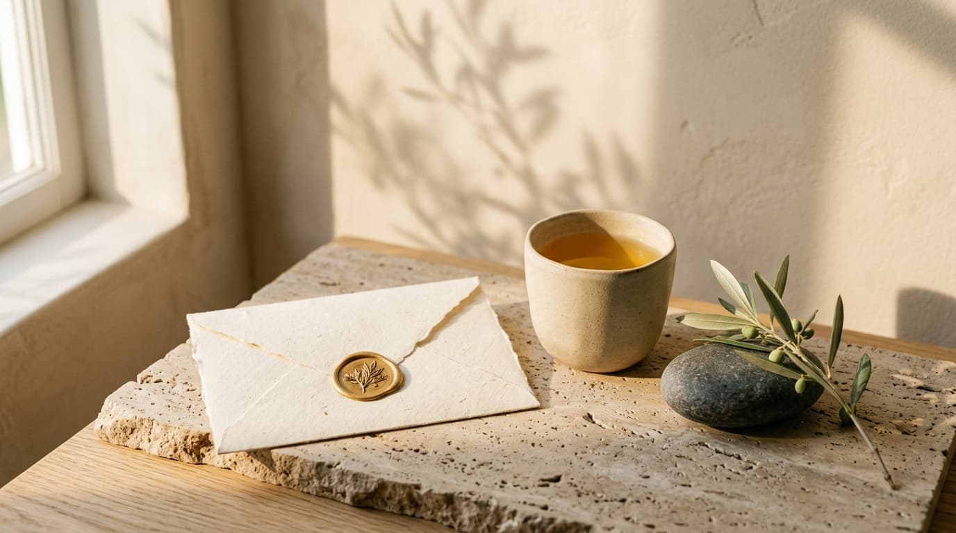 Handmade cotton envelope with a gold botanical wax seal beside warm herbal tea, smooth river stone, and olive branch